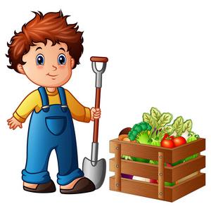 拿铲子木箱里拿着铲子与蔬菜的男孩农夫照片