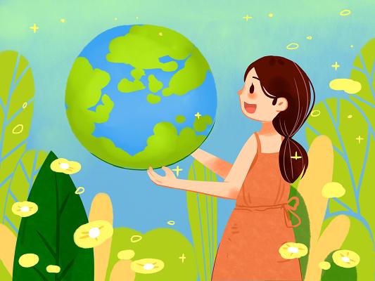手绘卡通女孩守护地球环境保护世界地球日插画素材