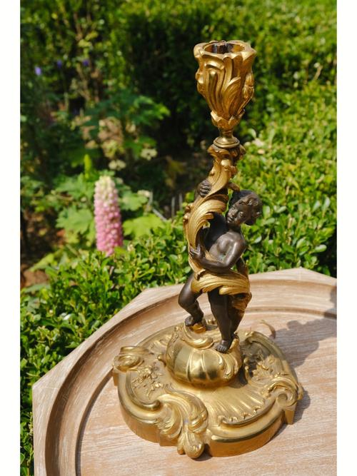 19世纪法国巴洛克风格小天使铜雕烛台