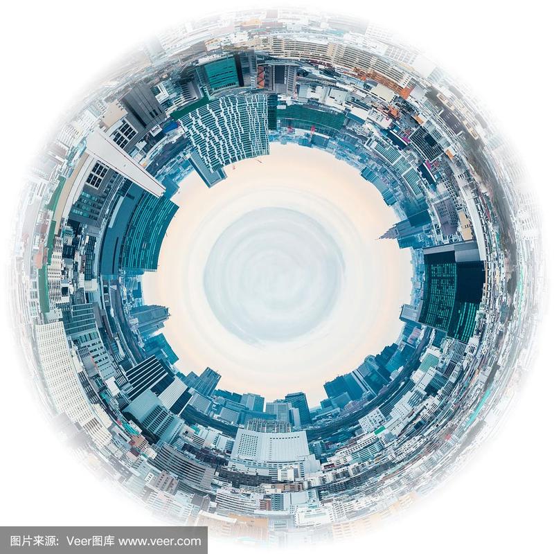 城市天际线的圆形全景,如用鱼眼镜头拍摄