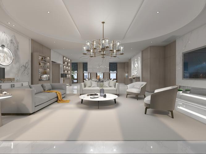 超大平层的客厅具有中式元素的现代简约设计