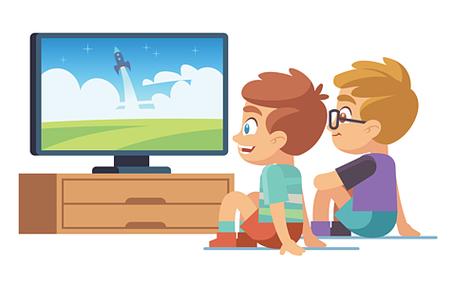卡通矢量概念孩子们看电视儿童电影家庭男孩女孩手表电视设置显示图片