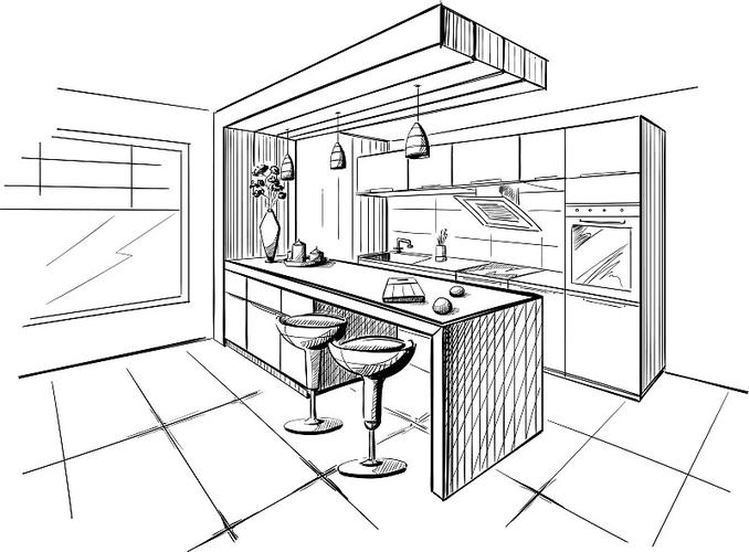 带有岛屿的现代厨房的室内草图.图片下载