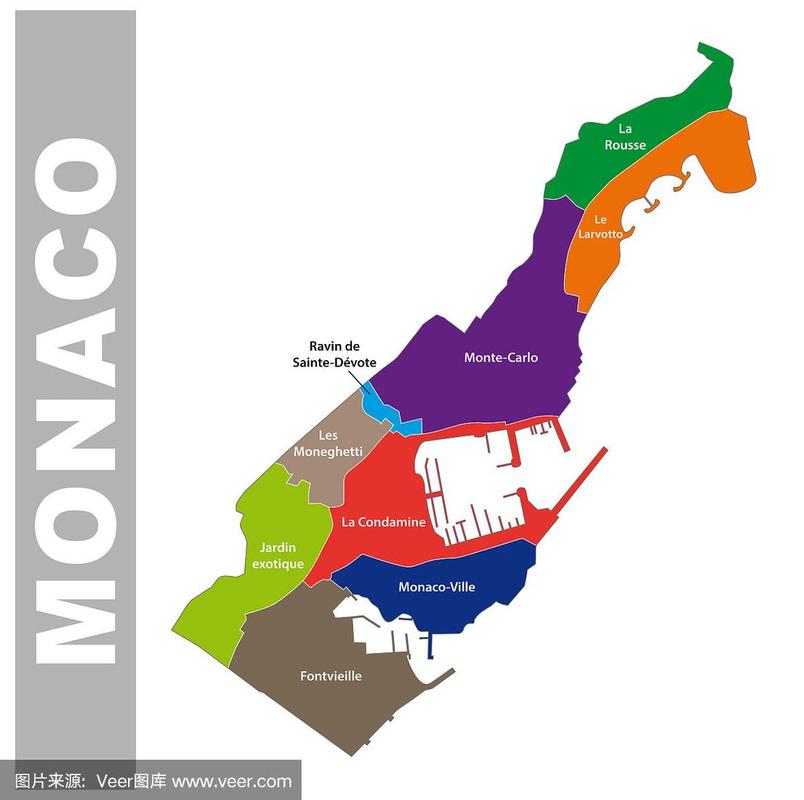 彩色摩纳哥公国行政和政治地图