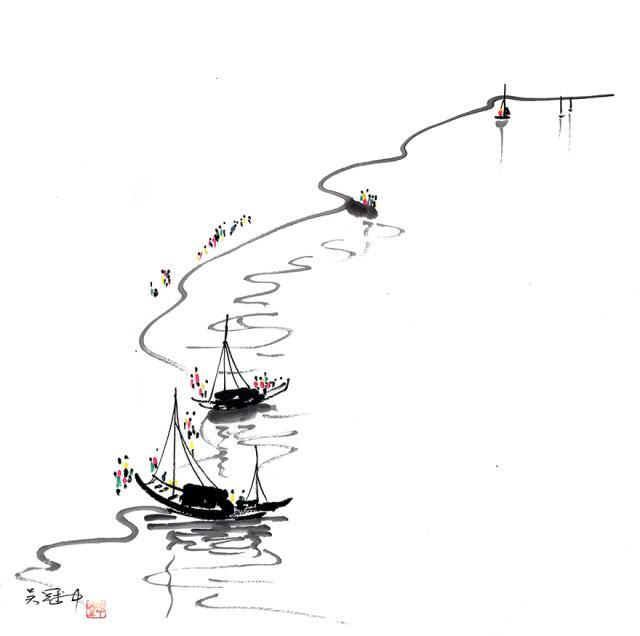 吴冠中画船,其实河流才是重点,船上就算没有人,照样引人注目