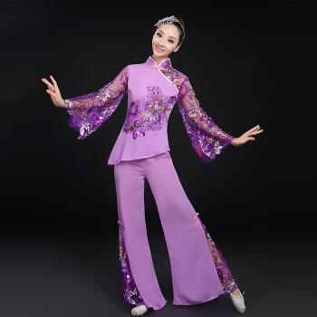 新款演出服中老年人民族扇子舞蹈服装套装广场舞女网红抖音同款 紫色
