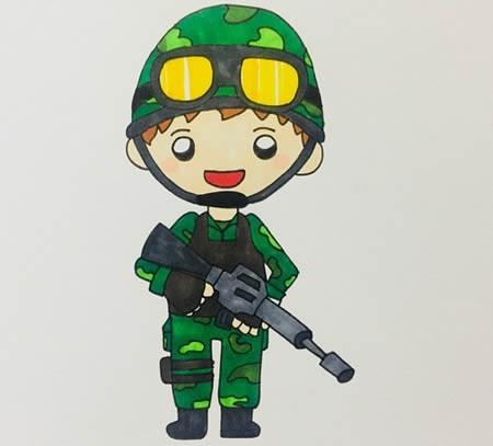 最后将人物的衣服与头盔都涂成迷彩绿色的样子,一名解放军军人就画好