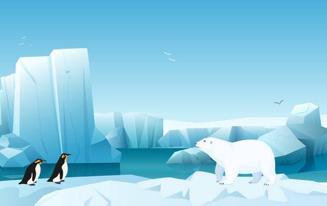 冰山壁纸动画片自然冬天北极冰风景与冰山, 雪山山.白熊和企鹅.