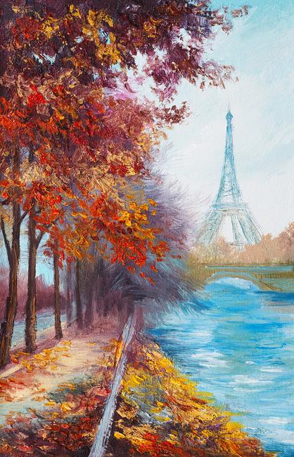 原创oil painting of eiffel tower, france, autumn landscape
