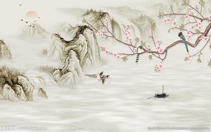 中式山水花鸟背景墙图片