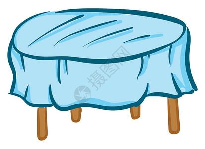 桌子腿带有蓝色桌布和四张可见腿的褐色插画