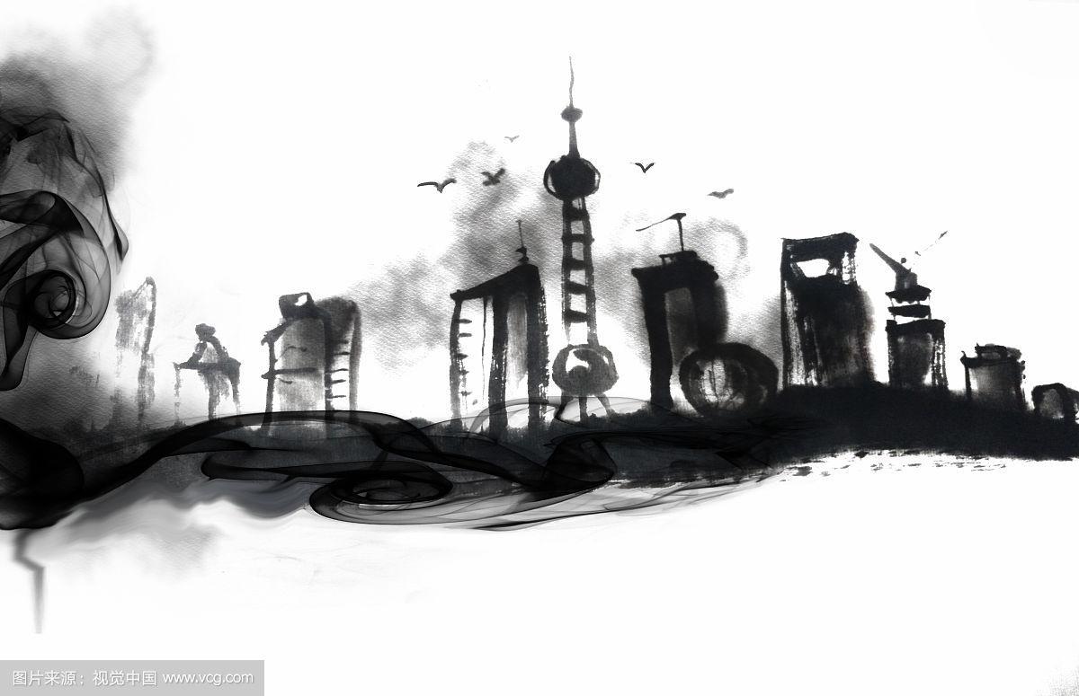 中国风手绘上海地标水墨建筑东方明珠插画