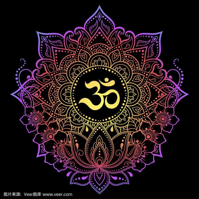 彩色圆形曼荼罗的形式与古印度教咒语om和莲花花为指甲花,曼海蒂,装饰