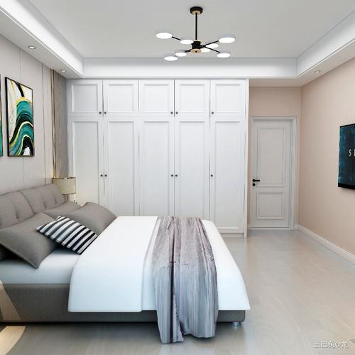 主卧室一排大衣柜,采用的是象牙白作为门板,是整个空间比较清爽.