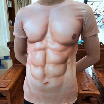 【翊谦】创意搞笑肌肉奇葩衣服潮男短袖t恤3d立体图案个性假胸腹肌衫