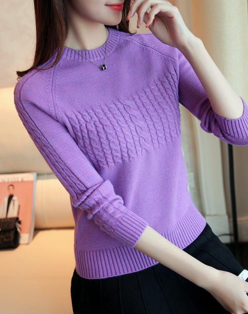 女紫色韩版套头打底针织毛衣