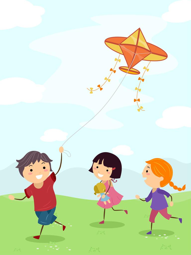 风筝的孩子,孩子们一边放风筝四处的插图