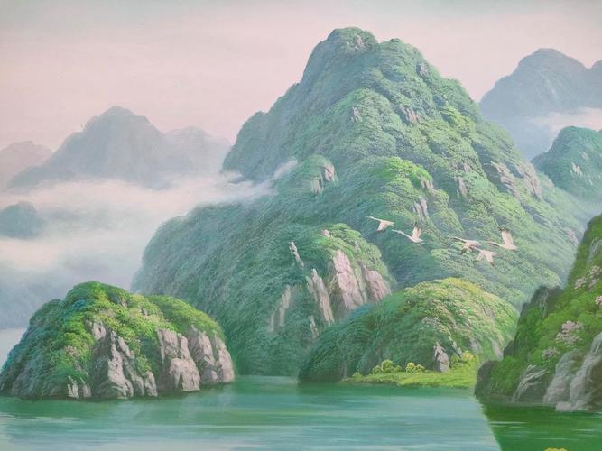 朝鲜油画:《绿水青山千重静》,金哲,尺寸:160/83厘米