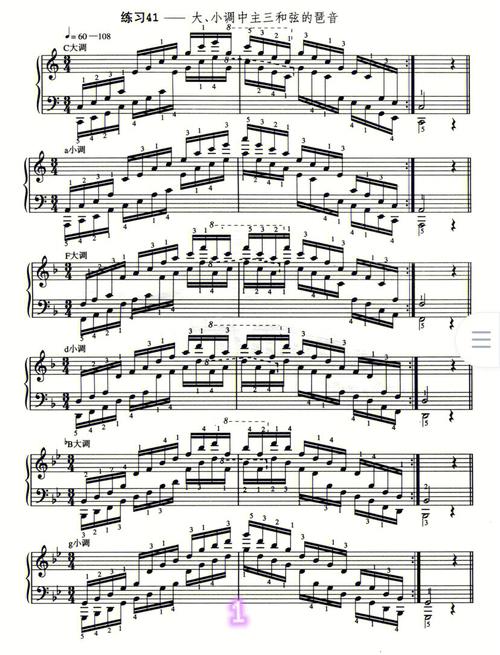 以上是大小调主三和弦的琶音,琶音练习一定要看清指法,每一条都有固定