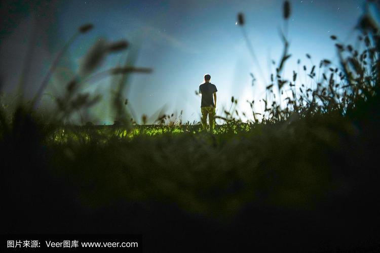 一个人站在夜空下的草地上