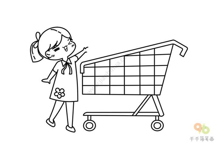 小女孩逛超市场景简笔画把心仪的商品放入购物车女孩简笔画