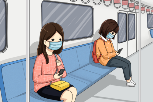 动漫时讯抗击疫情漫画作品地铁上戴口罩出行的人们