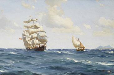 蓝色海上的白帆船风景油画