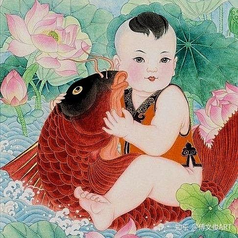 年画中的童子怀抱鲤鱼和荷花莲子的寓意