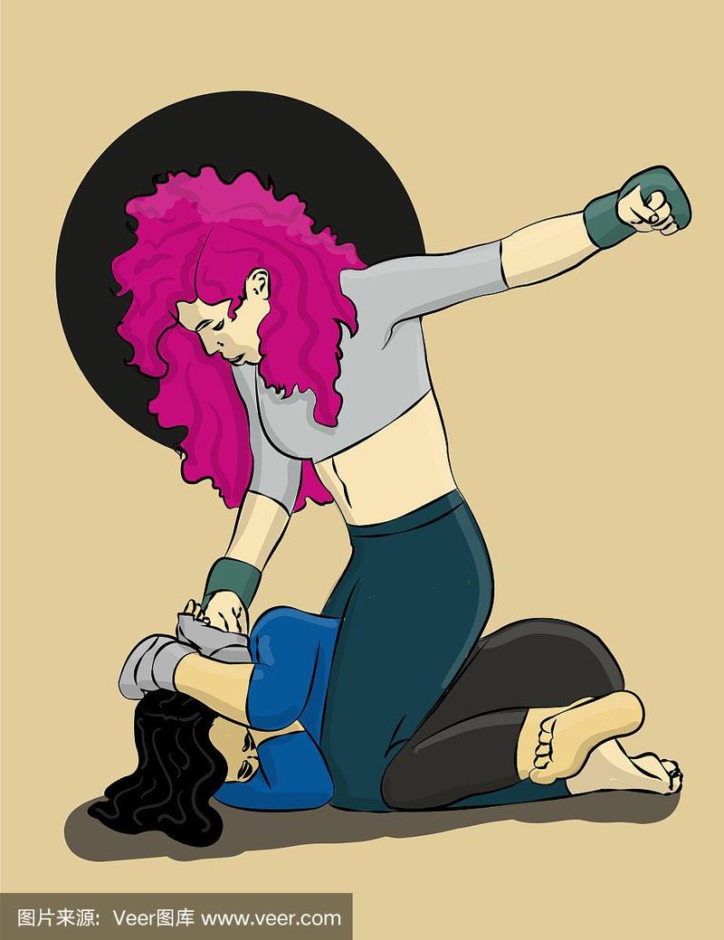 两个女人在和粉色头发的女孩打架