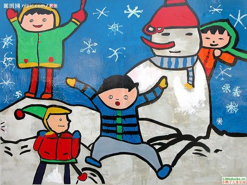儿童绘画作品我们在雪的世界里,水彩画_小鸭子儿童乐园