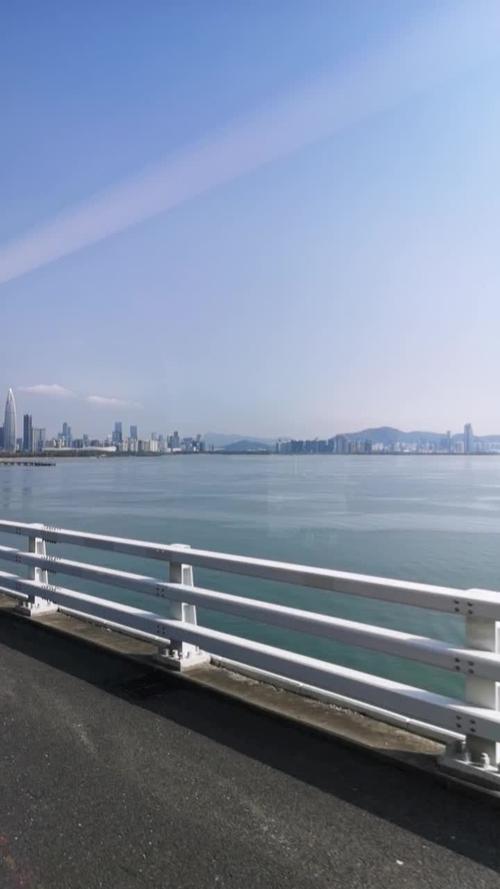 深圳湾大桥上看深圳(左)和香港(右).