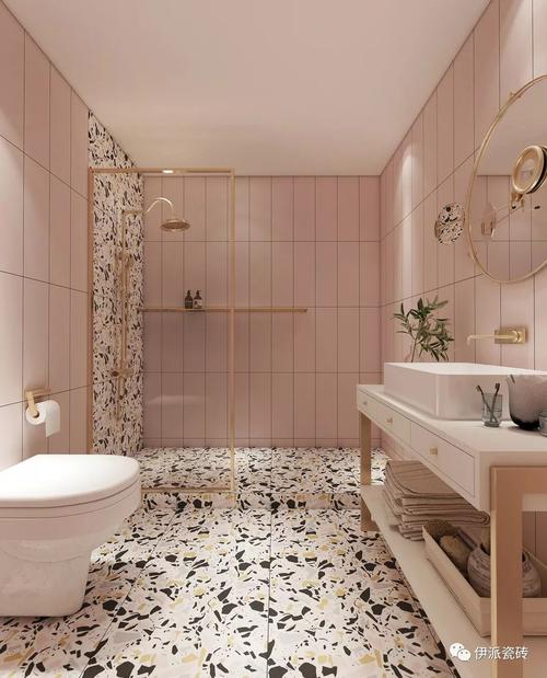 搭配,粉色的水磨石墙面为卫浴空间营造出少女般的柔和感,避免了颜色