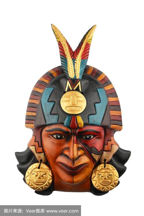 印度玛雅阿兹特克陶瓷彩绘面具孤立在白色