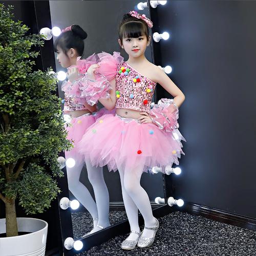 六一儿童节女孩表演服装粉红公主裙亮片蓬蓬纱裙现代舞蹈演出裙子
