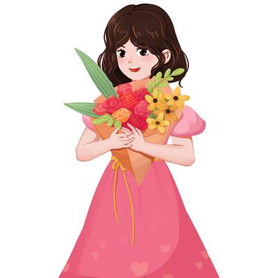 女孩插画素材手绘水彩卡通女孩鲜花素材女孩在绿叶中间抱着一束向日葵
