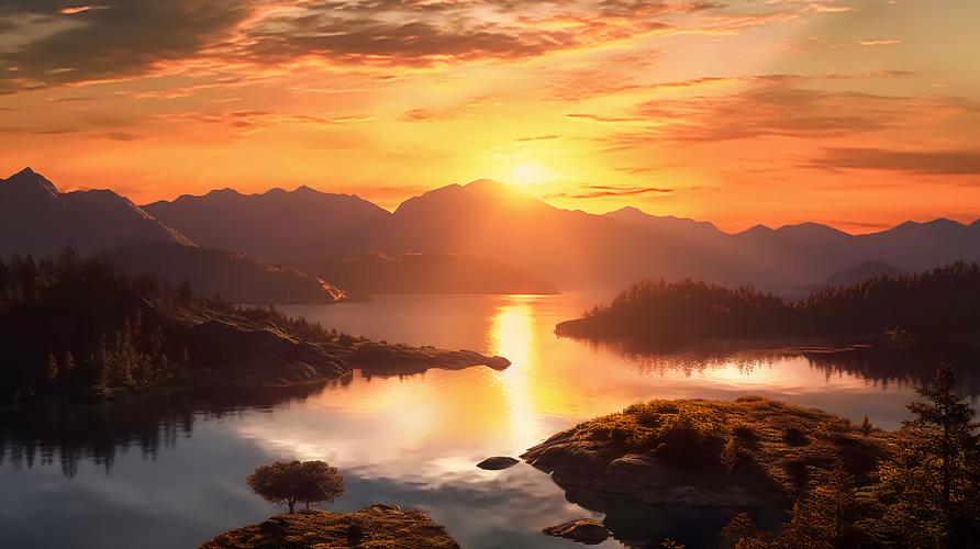 夕阳下的山水晚霞霞光湖面倒影意境自然景色山湖风景旅游宣传梦幻唯美