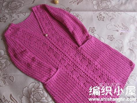 【女款系列】紫红色钩针菠萝花门襟长款v领风衣