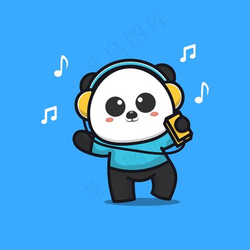 可爱的熊猫戴着耳机听音乐eps,ai矢量模版下载