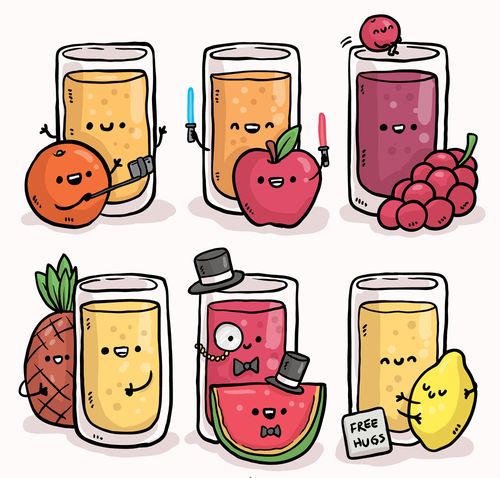 6款手绘表情杯装果汁和水果矢量素材