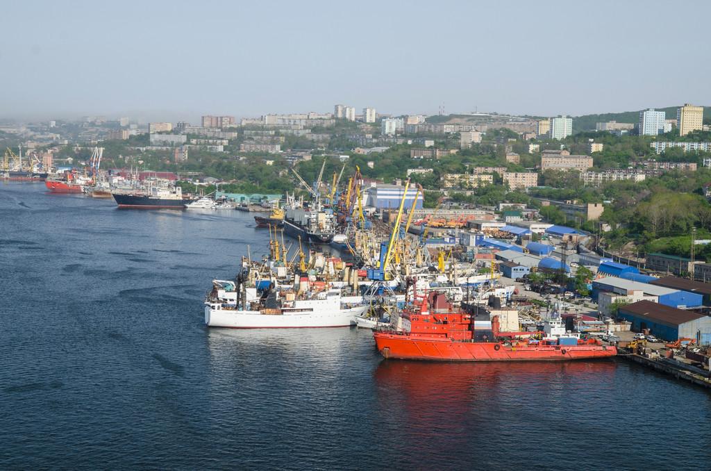 港口符拉迪沃斯托克,货柜码头,俄罗斯的全景