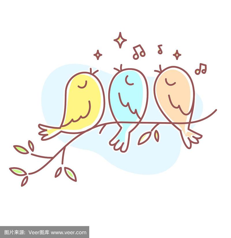 矢量春插图三个美丽的唱歌鸟坐在树枝与蓝色的云.