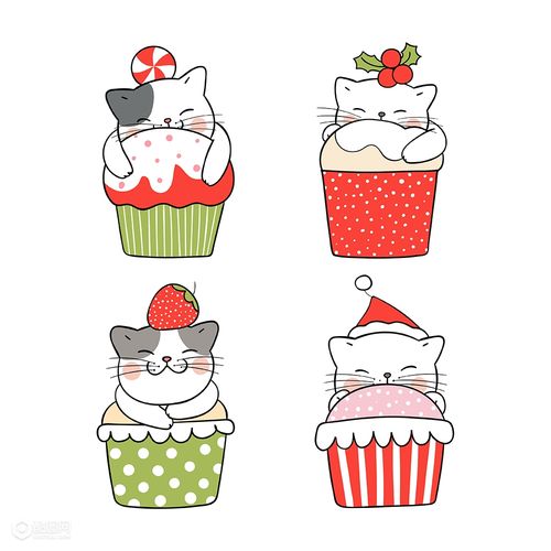 圣诞节可爱猫咪蛋糕简笔画插画