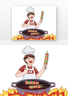 白色卡通烧烤大锅厨师人物元素