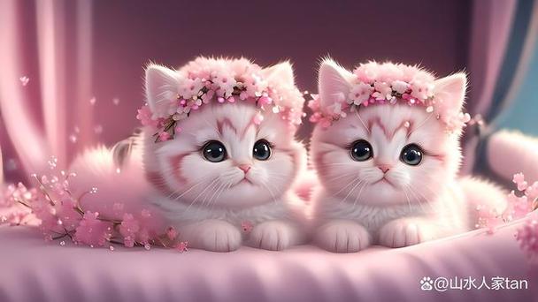 在这个童话般的世界中,两只可爱的小猫紧紧依偎在一起,它们的头上戴着