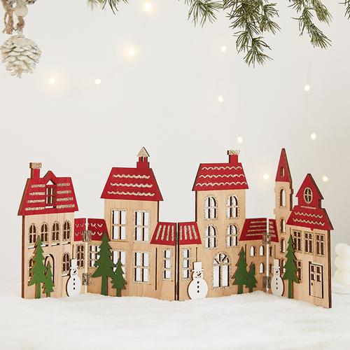 北欧木质圣诞小房子栅栏围栏场景布置雪人树围圣诞树雪花装饰品