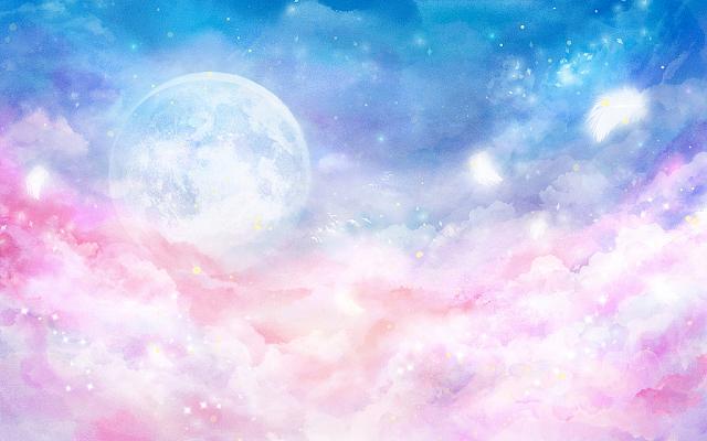 梦幻天空背景唯美云彩月亮星空羽毛水彩手绘插画背景海报素材