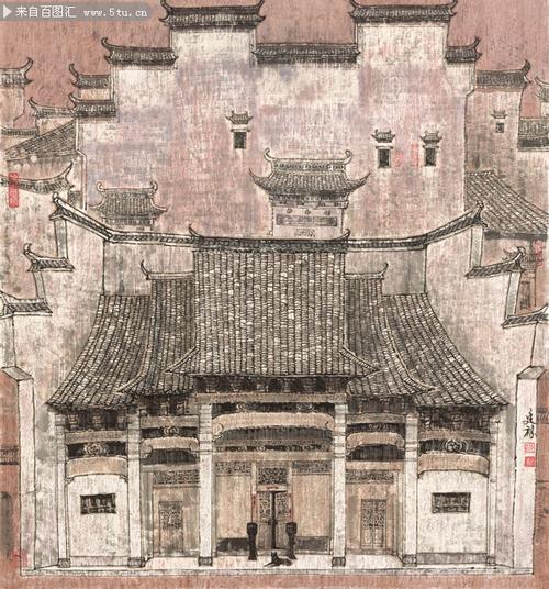 主题为工笔画图片,可用作中国工笔画,装饰画,古代建筑,水墨写生等