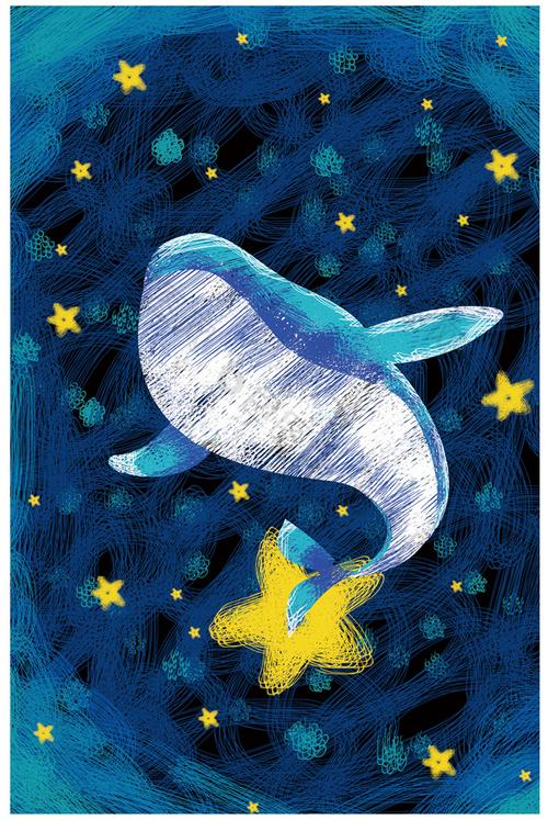 手绘梦幻星空动物鲸鱼风景儿童房装饰画