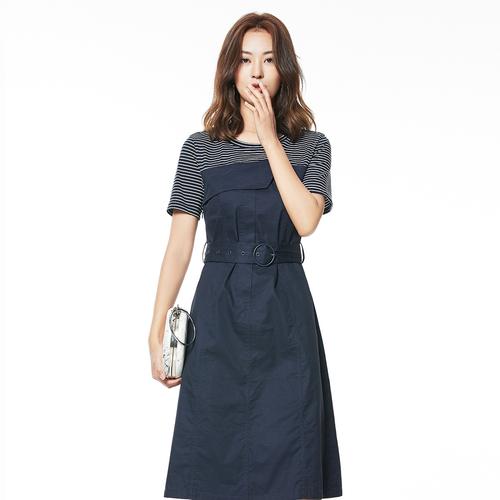 迪卡轩/dekashell2020年夏新款圆领短袖收腰撞色条纹中长款连衣裙