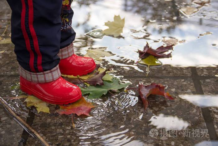 孩子的腿在红色橡胶靴子踩通过一个水坑